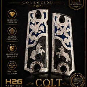 colt 1911, plata, caballo y rameado fondo texturizado negro