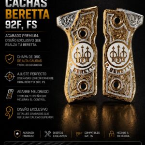 cachas chapa oro/ baeretta 92f,fs/ logotipo oro/ fondo plata