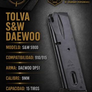 tolva smith and wesson/ 15 rondas/9mm./ color pavon negro
