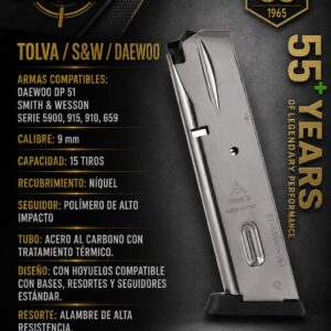 tolva smith and wesson/ 15 rondas/ 9mm. / cromo
